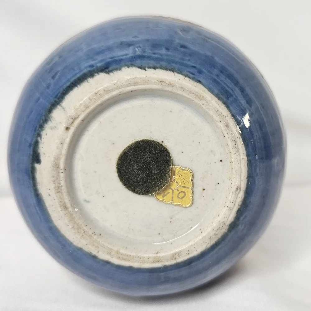 Otagiri OMC Japan Miniature Bud Vase Blue Brown Glazed Gold Sticker Vintage